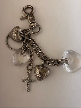 Upcycled KVZ Silver Heart Charms Bag Charm/ Keychain with Crystal Cross
